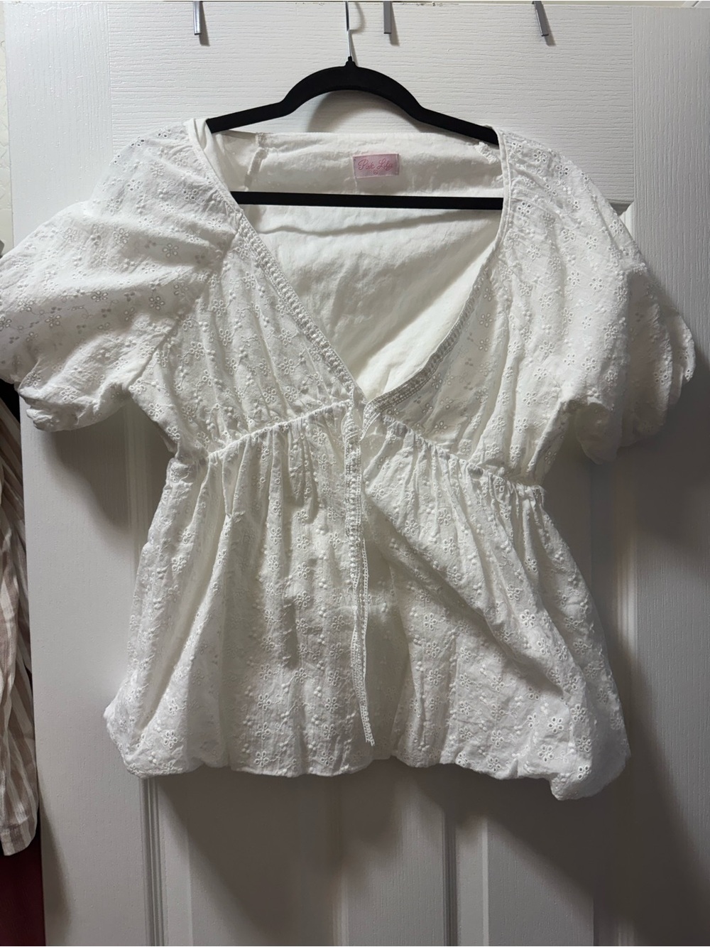 Pink Lily White Eyelet V-Neck Peplum Puff Sleeve Top